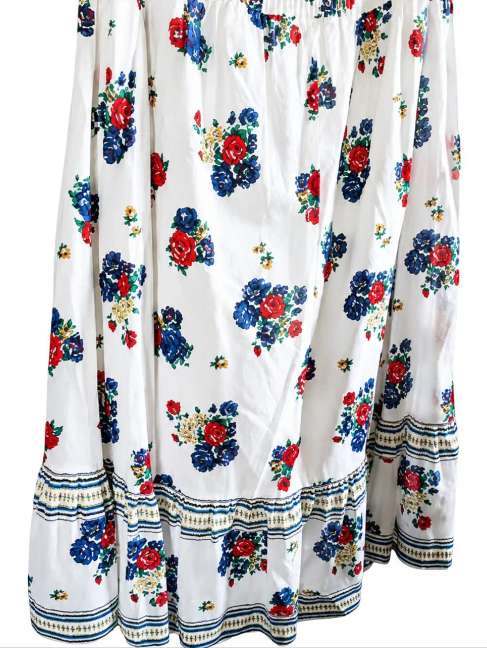 Tory Burch Meadow Folly Cotton Voile Midi Dress with a red and blue floral print